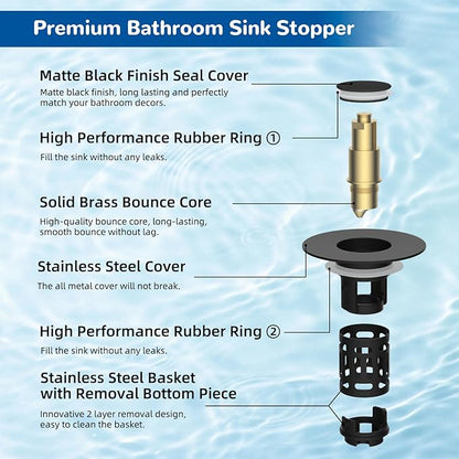 Hibbent 2 Pack 3 in 1 Bathroom Sink Drain Strainer, Universal Pop Up Stopper with Removable Stainless Steel Filter Basket Hair Catcher, Sink Plug for 1.1''~2.36'' Basin, Brass Bullet Core, Matte Black