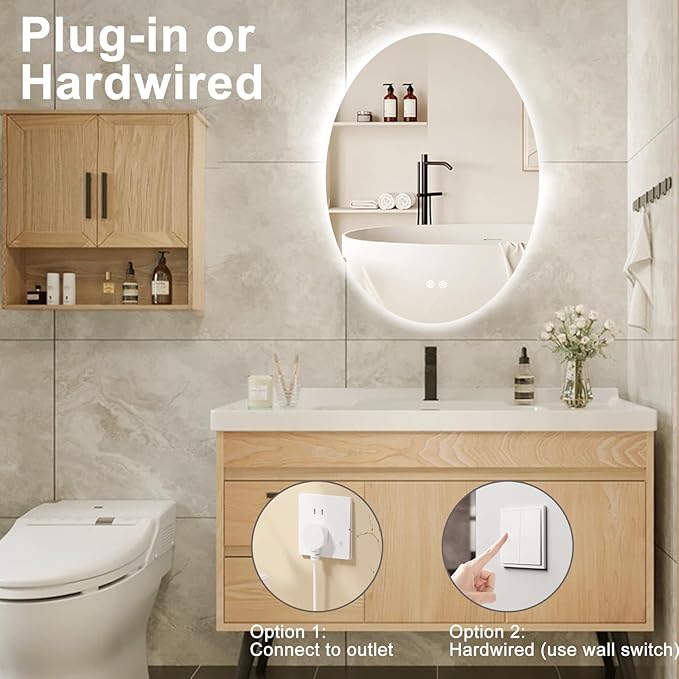 32 X 24 Inch Oval Backlit LED Bathroom Mirror Anti-Fog 3 Colors Light Dimmable Wall Mounted Lighted Bathroom Vanity Mirror Smart Makeup Mirror with Touch Switch