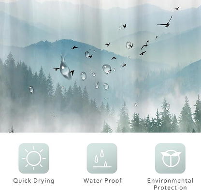 Riyidecor Green Mountain Shower Curtain，Stall Narrow Rv Small Nature Woods，Landscape Scenery Pine Tree Scenic Woodland Rustic Bathroom Decor，Fabric Polyester Waterproof 12 Pack Hooks 48Wx72H Inch