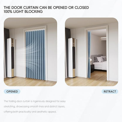 Accordian Door Curtain, 100% Blackout Folding Magnetic Doorway Curtains,Linen Style Closet Doors,for Room Divider,Privacy Protection（W52 x L78,Blue,1 Panel）
