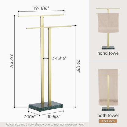 KES Standing Towel Rack with Green Natural Marble Base, 2-Tier Luxury Bath Towel Holder Stand for Bathroom Floor, Fits Bath Towel & Hand Towel, 18/8 Stainless Steel Brushed Gold, BTH217-GBZ