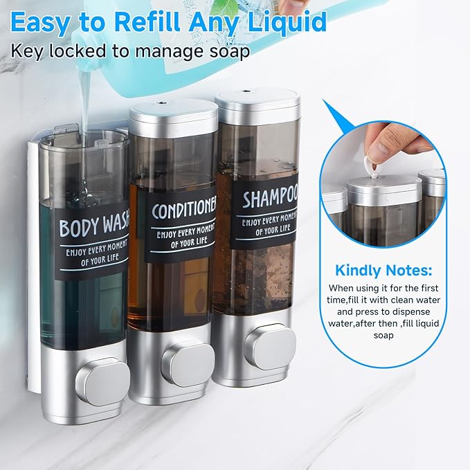 Shampoo and Conditioner Dispenser,GlintGath Shower Dispenser 3 Chamber No Drill Shampoo Dispenser for Shower Wall Mounted Shower Soap Dispenser for Bathroom Hotel,3 * 300ML,Silver