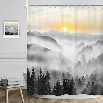 Riyidecor Misty Mountain Shower Curtain 60Wx72H Inch Sunrise Foggy Woodland Greenery Smokey Black Spring Scenery Tree Nature Pine Scenic Bathroom Decor Fabric Polyester Waterproof 12 Pack Hooks