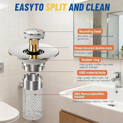 Bathroom Sink Stopper Strainer,2PCS Pop-Up Bathroom Sink Drain Strainer with Removable Stainless Steel Hair Catcher Basket,Sink Stopper Hair Catcher for US Bathroom Sinks,Bathtubs,Showers,Floor Drains