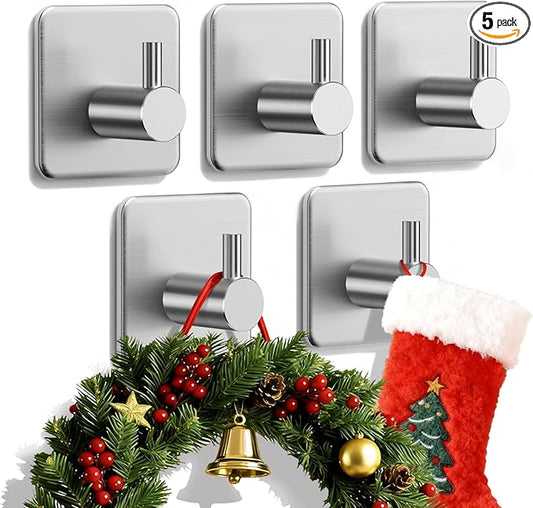 Adhesive Hooks Heavy Duty 30lb(Max) Wall Hooks, 5 Pack Damage Free Stainless Steel Hanger for Hanging Coat, Hat, Towel Robe, Waterproof Oilproof Rustproof Hook for Bathroom Shower Kitchen Office