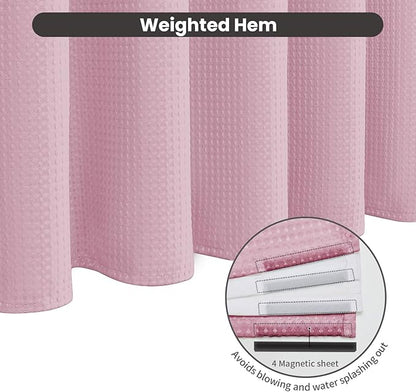 Inhousolu No Hook Waffle Weave Shower Curtain with Removable Snap in Fabric Liner Set for Bathroom, 230 GSM Heavy Duty Weighted Hem, Water Repellent Washable Bath Curtains, 72 x 72 Inch, Pink