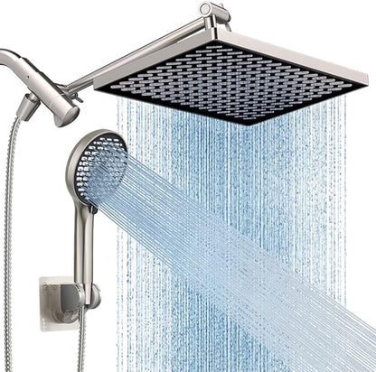 Cobbe 11.8 Inch Rain Shower Head with 6 Modes Handheld Water Spray，High Pressure Showerhead Combo with 11 Inch Adjustable Extension Arm, Brushed Nickel