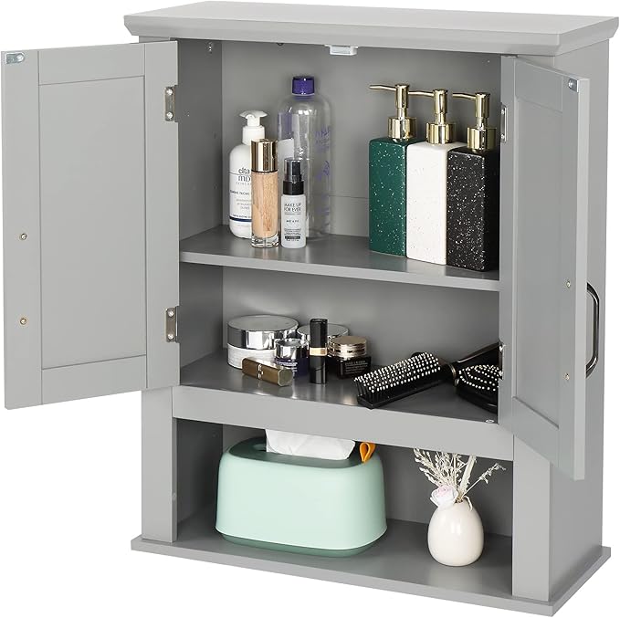 VINGLI Medecine Cabinet with 2 Doors Bathrooom Wall Cabinet Grey Over The Toilet Storage Towel Cabinet 1 Adjustable Shelf Wooden Hanging Organizer Bathroom Furniture