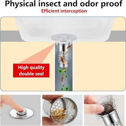2Pack Bathroom Sink Stopper 1.06"-1.50", Universal Bathroom Sink Drain Pop Up Stopper for US Bathroom Sink Stainless Steel Floor Drain Filter, U.S. Standard Universal Drain Filter (Silver)