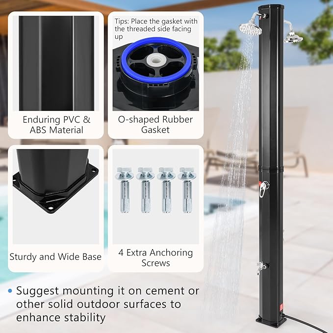 Goplus 9.3 Gallon Solar Heated Outdoor Shower, 7.2 FT Freestanding Garden Shower with Dual Swivel Shower Heads & 2 Foot Showers, Adjustable Temperature,for Poolside Backyard Beach