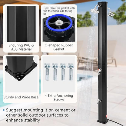 Goplus 9.3 Gallon Solar Heated Outdoor Shower, 7.2 FT Freestanding Garden Shower with Dual Swivel Shower Heads & 2 Foot Showers, Adjustable Temperature,for Poolside Backyard Beach