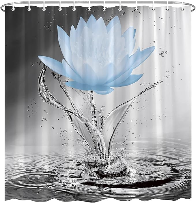 Lotus Shower Curtain Black White Grey Blue Flower Elegant Blooming Floral with Dew Spring Flower Reflection on Water Modern Romantic Polyester Fabric Bathroom Decor 70×90 Inch with Hook