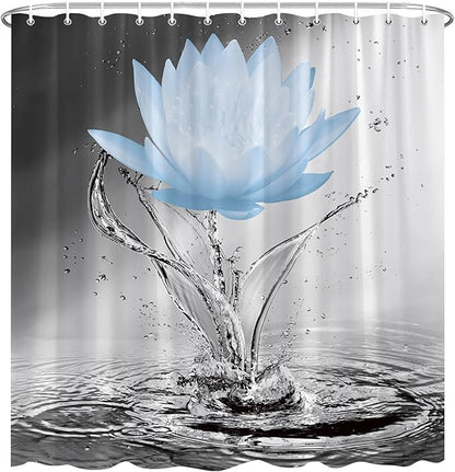 Lotus Shower Curtain Black White Grey Blue Flower Elegant Blooming Floral with Dew Spring Flower Reflection on Water Modern Romantic Polyester Fabric Bathroom Decor 70×78 Inch with Hook