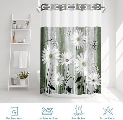 No Hook Green Daisy and Butterfly Shower Curtain with Snap in Fabric Liner Set, Rustic Farmhouse Double Layers Waterproof Fabric with See Through Top Window Open Grommet Bath Curtain 54x80 Inch