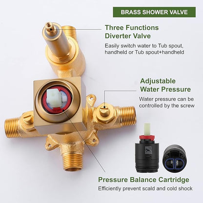 Taplong Wall Mount Tub Faucet with Waterfall Tub Spout Tub Faucet Set Wall Mounted Bathtub Faucet with Handheld Sprayer Brushed Gold Modern Bathroom Tub Filler Rough-In Valve Included-91266BG