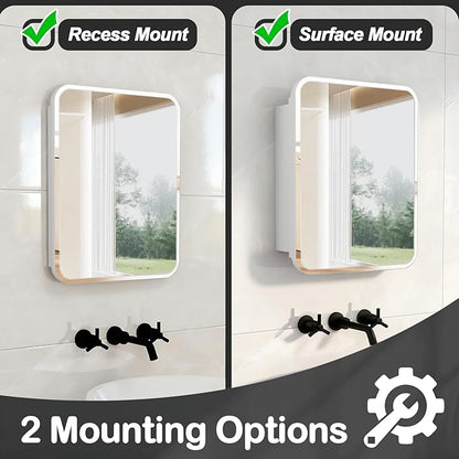 Rectangle Medicine Cabinet with Beveled Edge Mirror, No-Assembly Bathroom Wall Cabinet with Mirror, Adjustable Shelves, Tissue Slot, Recessed or Surface Mount (26" H x 20" W)