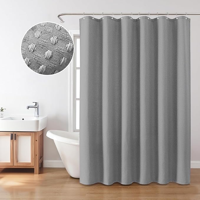 Inhousolu Fabric Shower Curtain Waffle Weave, 230 GSM Heavy Duty, Weighted Hem, 14 Metal Hooks, Water Repellent, Machine Washable, Hotel Spa Luxury Bath Curtain Set, 72 x 72 Inch, Grey