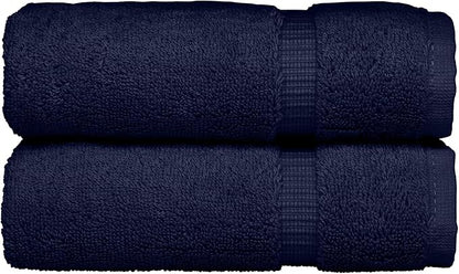 Monogrammed Hand Towel, Personalized Initial Gift, Extra Absorbent 100% Turkish Cotton - Soft Terry Finish - Set of 2 - White Block Initial M - Embroidered on Navy Blue Towels
