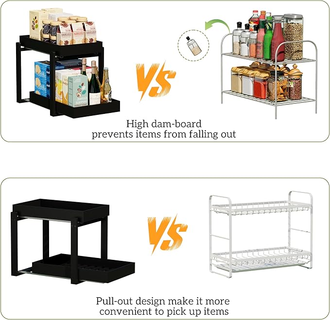 2 Pack Under Sink Organizer, Bamboo Wooden 2-Tier Pull-Out Storage with Sliding Drawers for Kitchen and Bathroom Cabinets, Easy Installation (Black, 2 Packs)