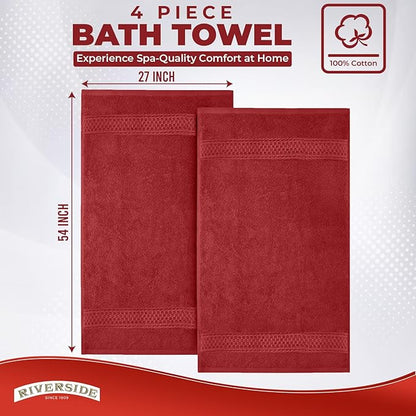 RIVERSIDE 100% Ring Spun Cotton Large Bath Towels Set of 4, 27 x 54 Inches – Quick Dry, Soft & Highly Absorbent Towels for Shower & Bathroom – Luxury 600 GSM Towels for Home, Spa, Gym, Hotel, Red