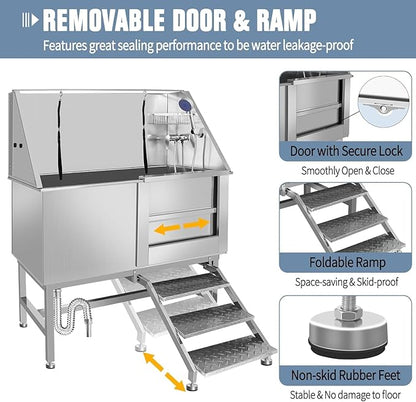 50 Inch Professional Dog Wash Station, Stainless Steel Dog Grooming Tub for Large, Medium & Small Pets - with Anti-Slip Stairs, Drain & Door, Silver
