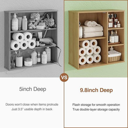 Fluted Bathroom Wall Cabinet, Small Medicine Wall Cabinet with Doors and Adjustable Shelves, Kitchen Wall Mounted Storage Cabinet, Floating Space Saver Over Toilet, Natural