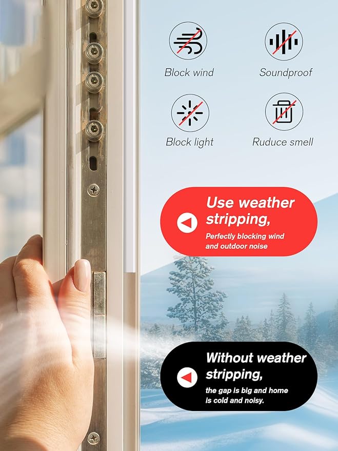 SUNMON Weather Stripping Silicone Door Seal Strip for Doors and Windows, 19.7ft Self-Adhesive Waterproof Window Sealing Strip (White)