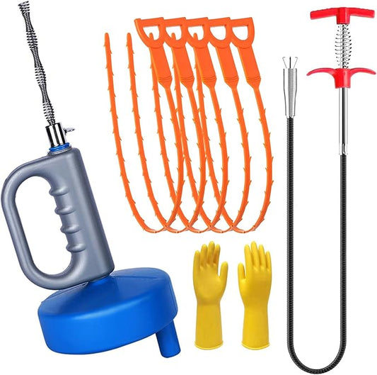 Drain Clog Remover (5pcs)＆Drain Auger 16 FT (1pcs)＆Drain Snake Hair Remover (1pcs),Toilet Plumbing Snake Set for Toilet Sewer Shower Kitchen Bathroom Tub Clogged Drains Opener Cleaning Tool