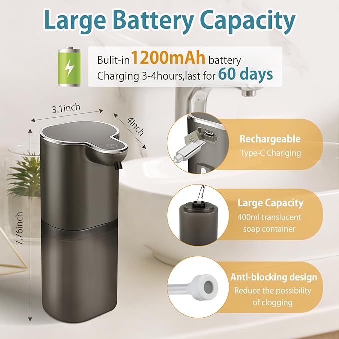 Soap Dispenser, Automatic Foaming Soap Dispenser with 4 Adjustable Volume Control, Touchless Rechargeable Hands Free Auto Soap Pump for Kitchen, Bathroom, Hotel, Restaurant,13.5oz/ 400ml