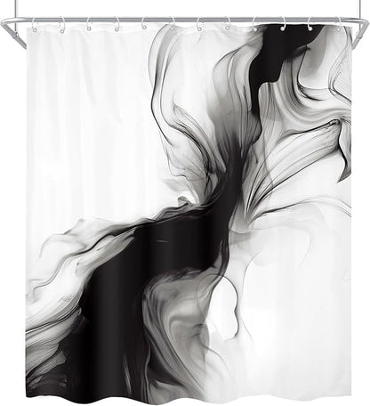 Cinbloo 4Pcs Black White Shower Curtain Set, Abstract Modern Ombre Grey Bathroom Curtain with Rug, Toilet Lid Cover, Bath Mat, Minimalist Marble Women Girls Ink Texture Shower Curtain with 12 Hooks