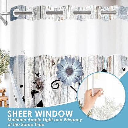 No Hook Blue Flower Shower Curtain with Snap in Fabric Liner Set, Daisy Rustic Farmhouse Double Layers Waterproof Fabric with See Through Top Window Open Grommet Bath Curtain 71x74 Inch