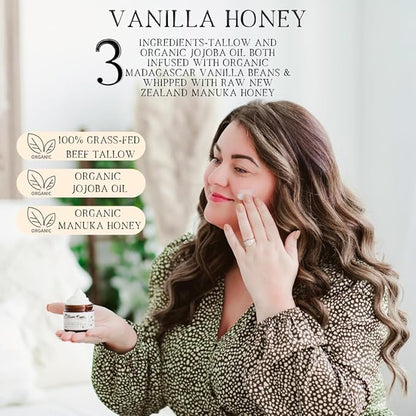 100% Grass-Fed Whipped Tallow Balm & Organic Jojoba Oil infused Organic Madagascar Vanilla Beans/Manuka Honey: face/body moisturizer for dry, sensitive skin/eczema (VANILLA HONEY)