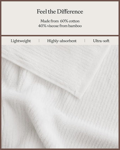 Cozy Earth Ribbed Hand Towel Set - 60% Cotton 40% Viscose from Bamboo Hand Towels - Soft & Absorbent Textured Ribbed Pattern - 2 Pack White