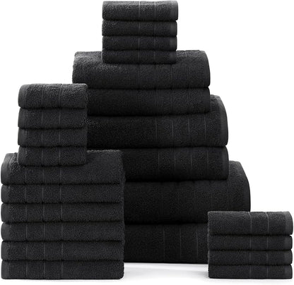 Casa Platino 100% Cotton Bathroom Towels Set - 24 Pcs - Ring Spun, Quick Dry, Soft & Absorbent - 2 Bath Sheets, 2 Gym, 2 Bath, 4 Fingertip, 6 Hand Towels, 8 Washcloths - Pre Shrunk - Black Towel Set