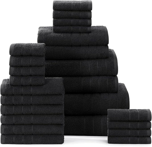 Casa Platino 100% Cotton Bathroom Towels Set - 24 Pcs - Ring Spun, Quick Dry, Soft & Absorbent - 2 Bath Sheets, 2 Gym, 2 Bath, 4 Fingertip, 6 Hand Towels, 8 Washcloths - Pre Shrunk - Black Towel Set