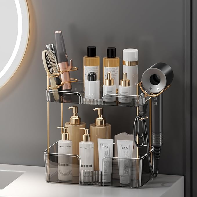 2 Tier Bathroom Counter Organizer with Hair Dryer Holder, Modern Style, Grey