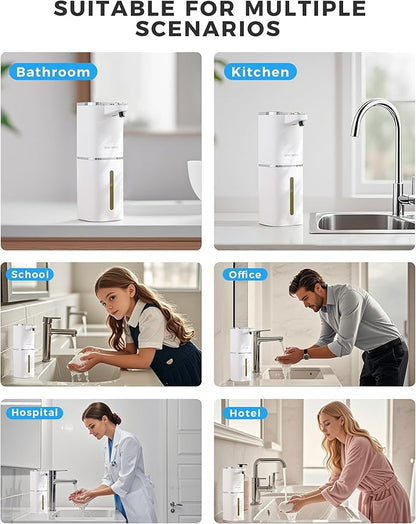 Automatic Foaming Soap Dispenser, 12.8oz Rechargeable, Adjustable Foam Levels, IPX5 Waterproof, Touchless & Wall/Tabletop Use for Kitchen Bathroom, White