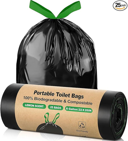 25 Portable Camping Toilet Bags Drawstring, 8 Gal Compost Bags for Potty Adults, Outdoor Waste Bag for 5 Gallon Bucket Bathroom Travel Backpacking