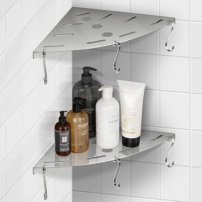 XIHLZYEH Corner Shower Shelves, 2 Pack 304 Stainless Steel Shower Shelf with 6 Hooks 40 lbs Heavy Duty, Rustproof Wall Mounted Organizer for Bathroom Drilling Installation (Silver)
