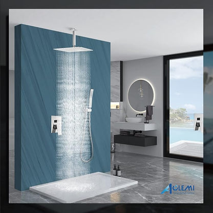 Aolemi Ceiling Mount Shower System Rain Shower Head with Handheld Spray High Pressure Shower Faucet Set Rough-in Valve Shower Trim Kit Included Bathroom Polish Chrome 16 Inch Ceiling Shower Head