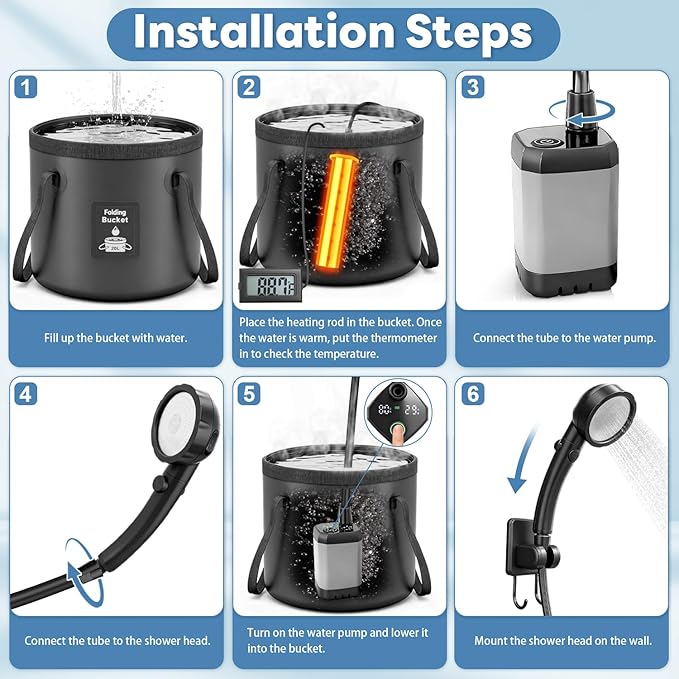 Portable Shower with Heater 1500W Camping Water Heater with Shower Head 3 Spray Modes, 6000mAh Rechargeable Shower Pump with LED Display Foldable Bucket Outdoor Showering for Hiking RV Car Travel Pet