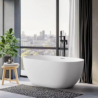 Stone Resin Freestanding Bathtubs,Soklawah 59" Solid Surface Luxury Soaking Tub,Oval Stand Alone Bathroom Bath tub with Drain & Integrated Slotted Overflow,Matte White Elegant Soaker Free Standing Tub