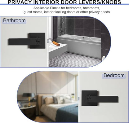 Privacy Door Levers, 6 Pack Matte Black Door Handles, Bed and Bath Door Locksets Heavy Duty Keyless Interior Handles, Reversible for Left Right Handed Doors