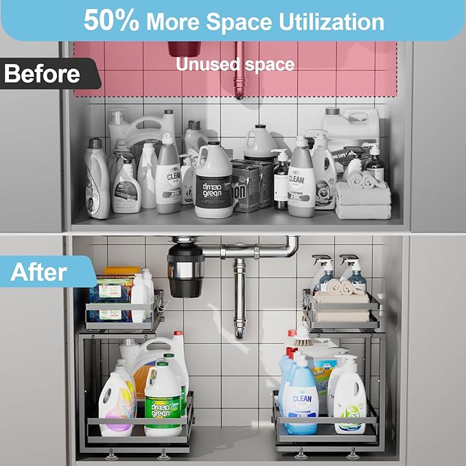 Under Sink Organizer, JCYLQ Dual-Rail Ball-Bearing, Under Kitchen Sink Organizer, 6-Level Adjustable, Under Cabinet Storage, No-Drill Adhesive/Suction, Under Sink Organizers and Storage (2-Pack)