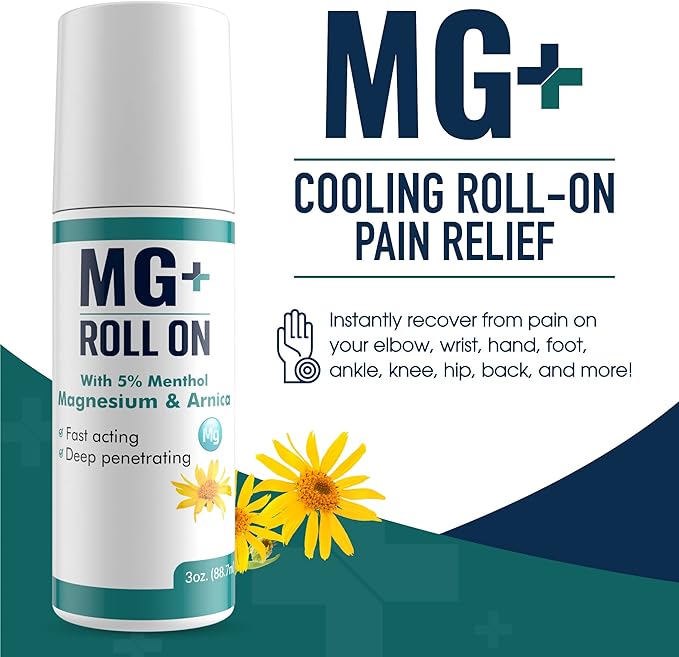 MARS WELLNESS MG+ Cooling Roll on Pain Relief (3 oz) – Fast Acting Arnica Roll on 5% Menthol Magnesium & Arnica – Penetrating Menthol Pain Relief Roll On Topical Pain Relief - 5 Pack
