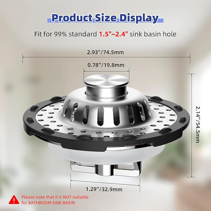 Universal Bathtub Drain Stopper Shower Drain Hair Catcher, Tub Stopper with Visible Top Strainer, Upgraded 3 in 1 Pop-up Drain Plug Fit for 1.5 to 2.4" Hole, Stainless Steel Filter Basket, Chrome