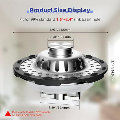 Universal Bathtub Drain Stopper Shower Drain Hair Catcher, Tub Stopper with Visible Top Strainer, Upgraded 3 in 1 Pop-up Drain Plug Fit for 1.5 to 2.4" Hole, Stainless Steel Filter Basket, Chrome