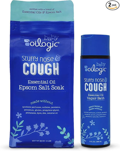Oilogic Baby Stuffy Nose & Cough Power Bundle with Vapor Bath Relief & Epsom Salt Soak - Baby Bath Essentials - Made with Blended Essential Oils