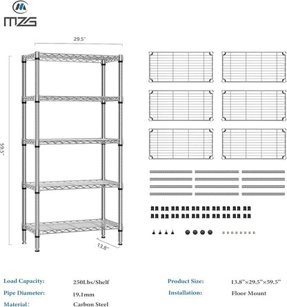 1250 lbs 5 Tier Shelf Metal Storage Shelves Shelving Wire Rack Heavy Duty Closet Organizers for Garage Kitchen Bathroom Laundry Chrome 13.8" D x 29.5" W x 59.5" H