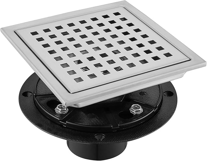 6 Inch Square Shower Floor Drain, Stainless Steel Black Shower Drain Kit with Flange, Floor Drain with Removable Grid Cover,Brushed Nickel